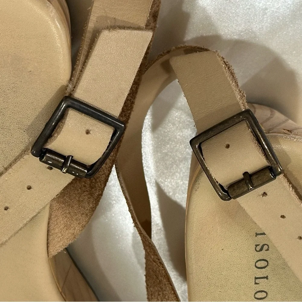 Nisolo Sarita Wooden Wedge Sandal Size 9 Leather Wrap Beige Festival Vacation
